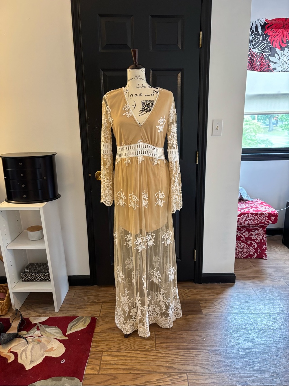 Forever 21 Beige Maxi Dress with White Lace Overlay